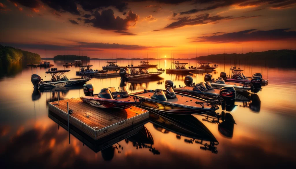 bass boats at sunset
