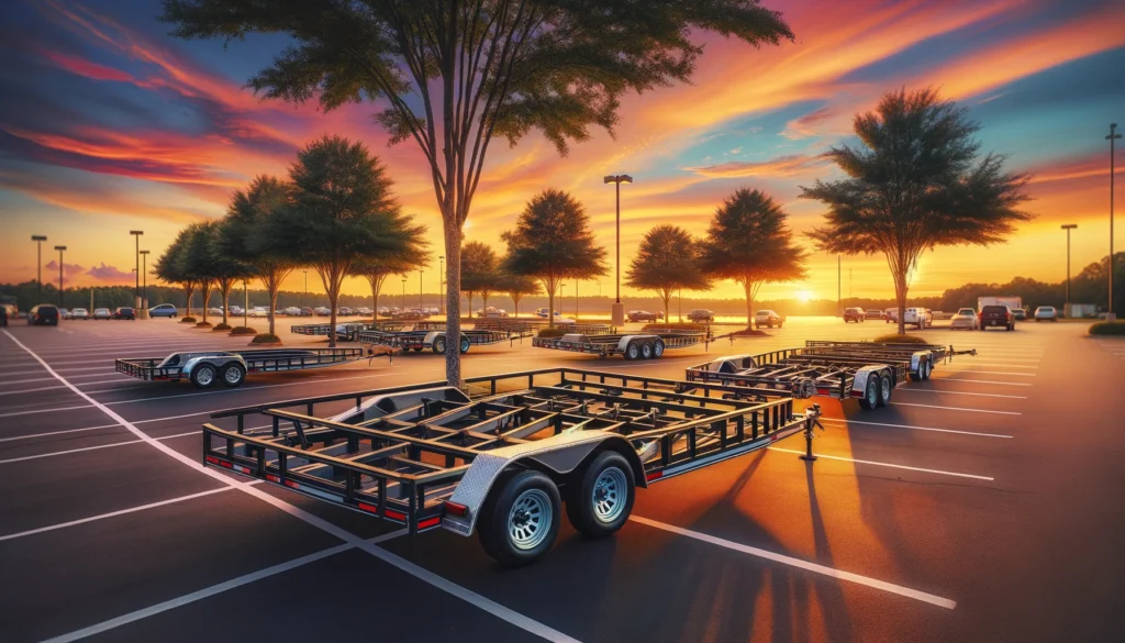 boat trailers sitting empty in a parking lot at sunset