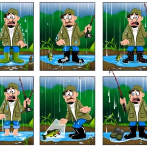 a cartoon feeding frenzy in deeper water, with buzz bait or fish jigs