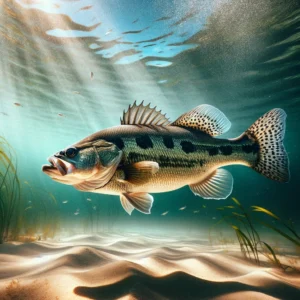 a spotted bass swimming in a lake